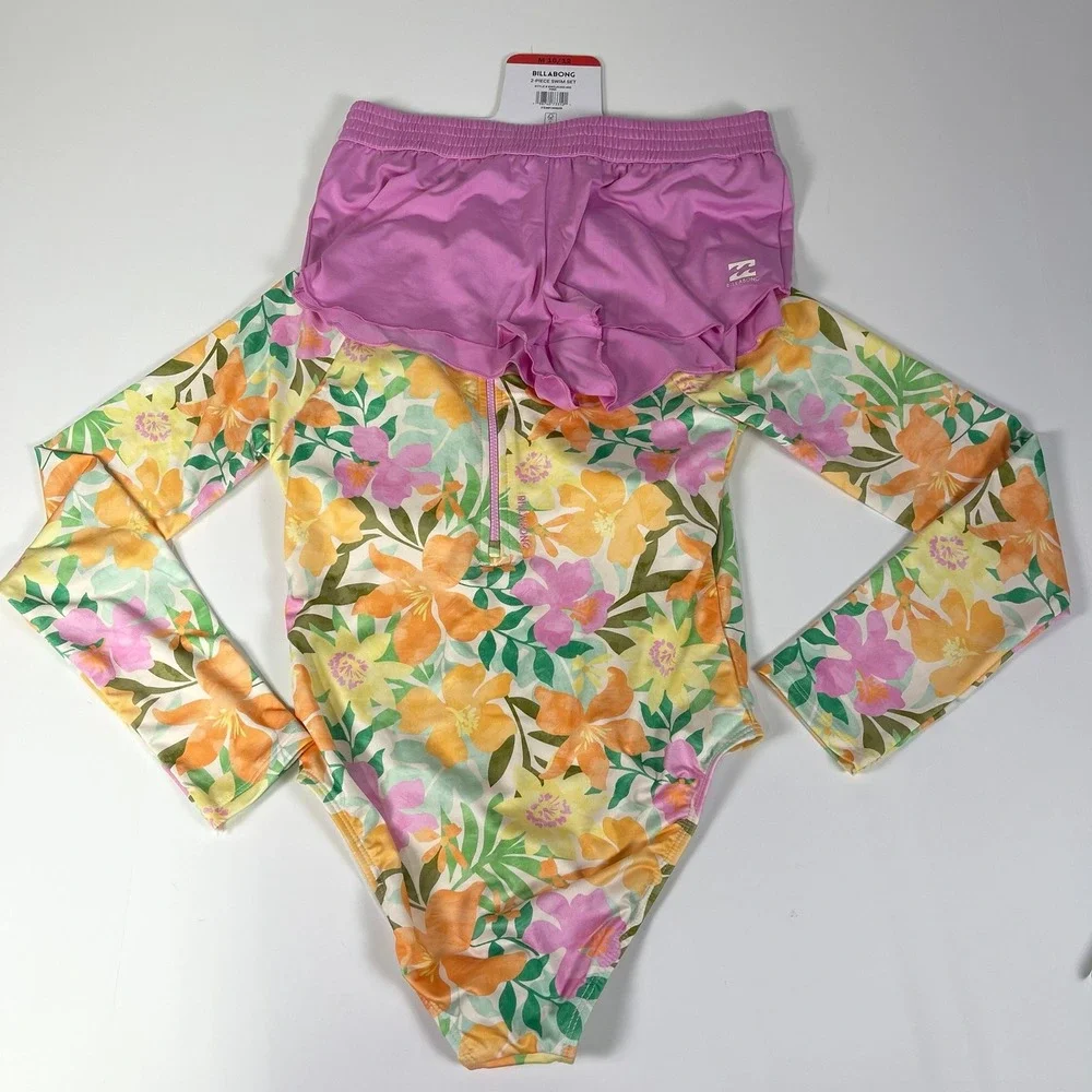 Billabong Girls 2-Piece Swim Set Floral Rash Guard Shorts Pink M 10/12 UPF 50+